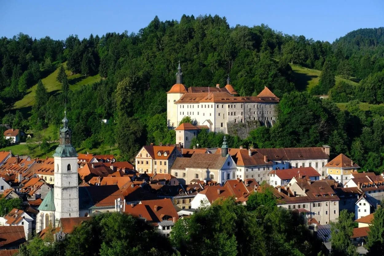 Historic-town-of-Skofja-Loka castle and church tower above red-roofed buildings nestled in green hills.