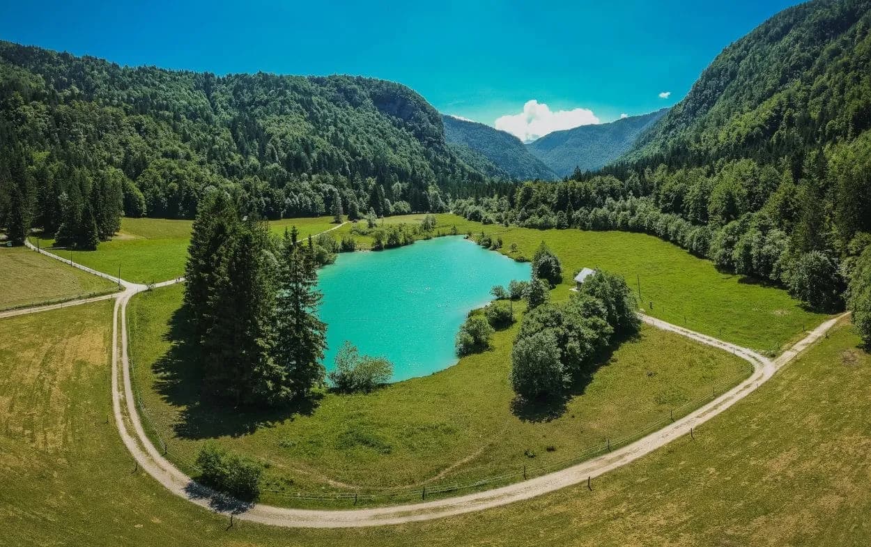 Turquoise alpine lake surrounded by lush green forests and rolling meadows under a bright blue sky.