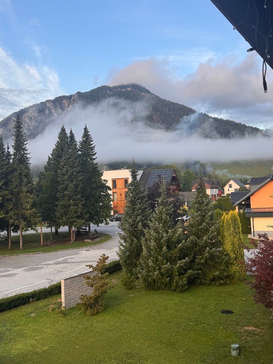 Alpine mountain shrouded in low clouds behind pine trees and buildings