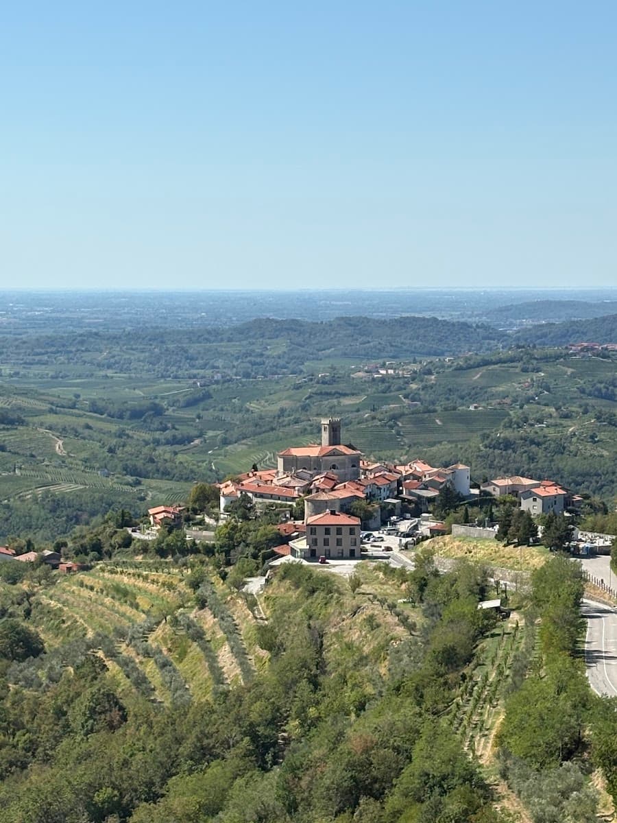 Historic hilltop village with church and red tile roofs surrounded by green hills and vineyards