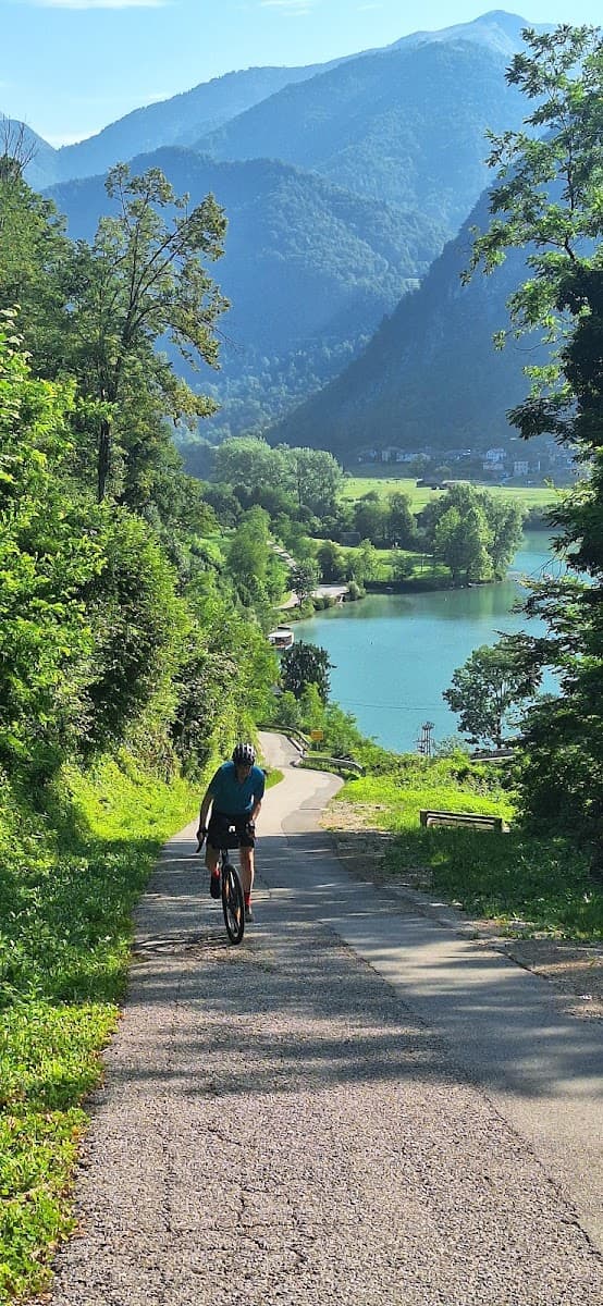 Cyclist on paved road descending toward alpine lake and mountains