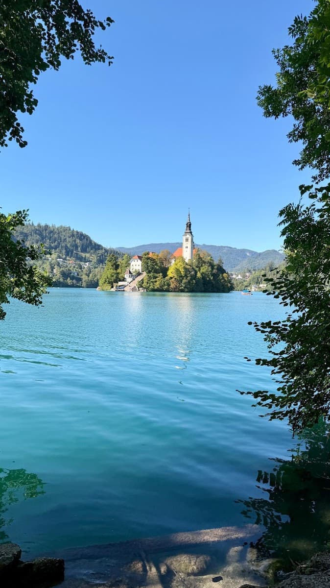 Lake Bled island church with turquoise water and surrounding trees framed by foliage