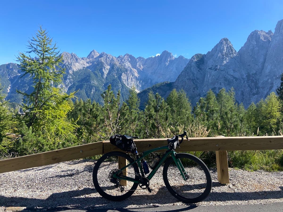Bicycle parked by wooden guardrail against alpine mountain range and pine trees