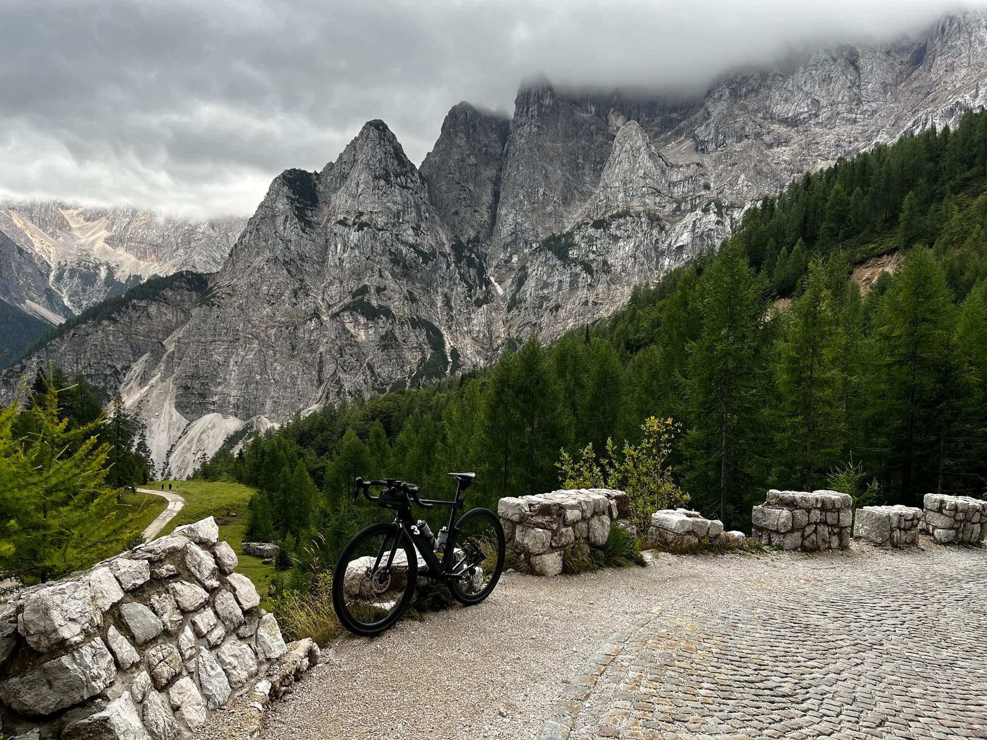 Road bike parked at a mountain pass viewpoint with rocky peaks and pine forest