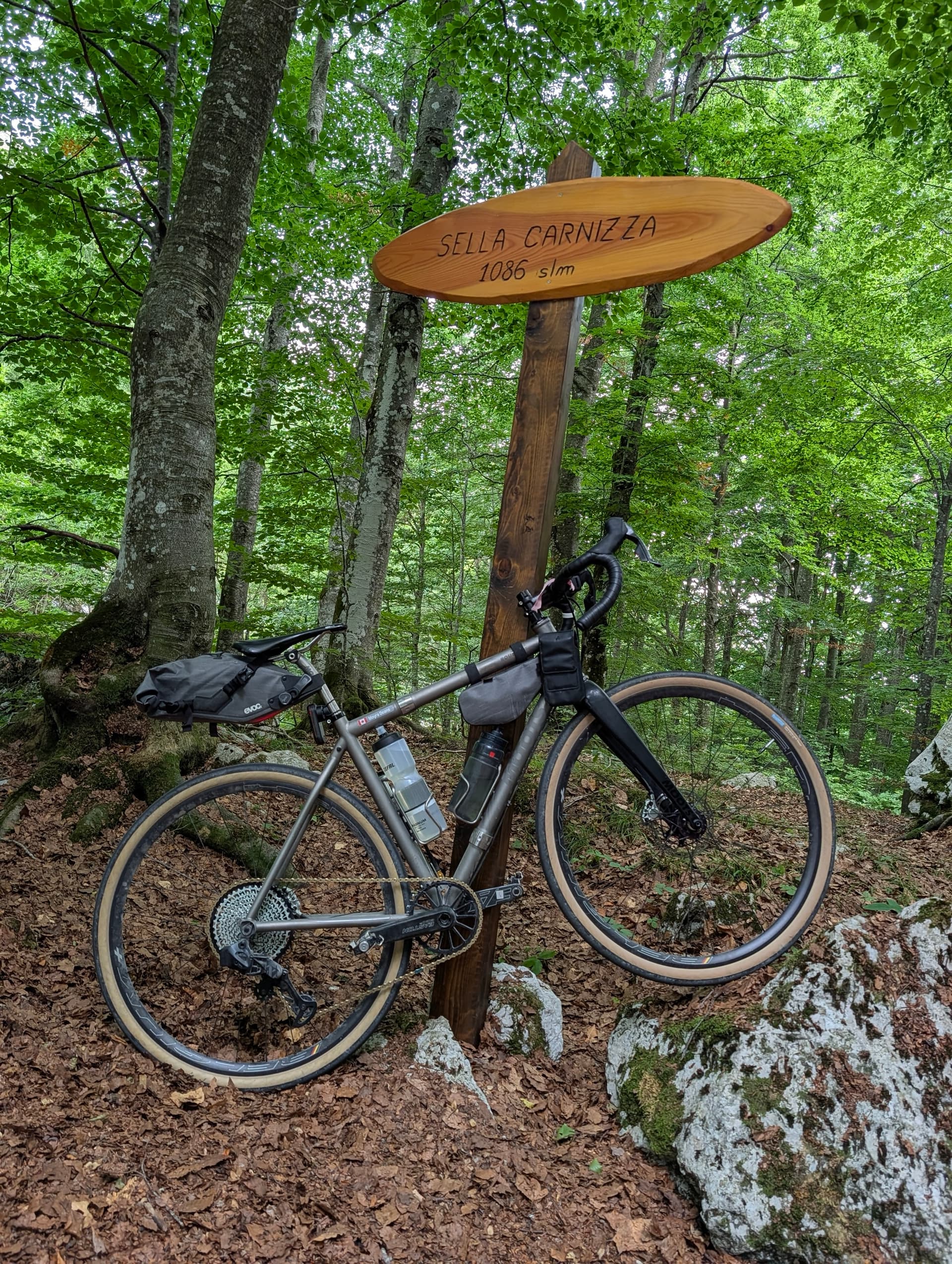 Gravel bike parked by Sella Carnizza wooden sign in a forest