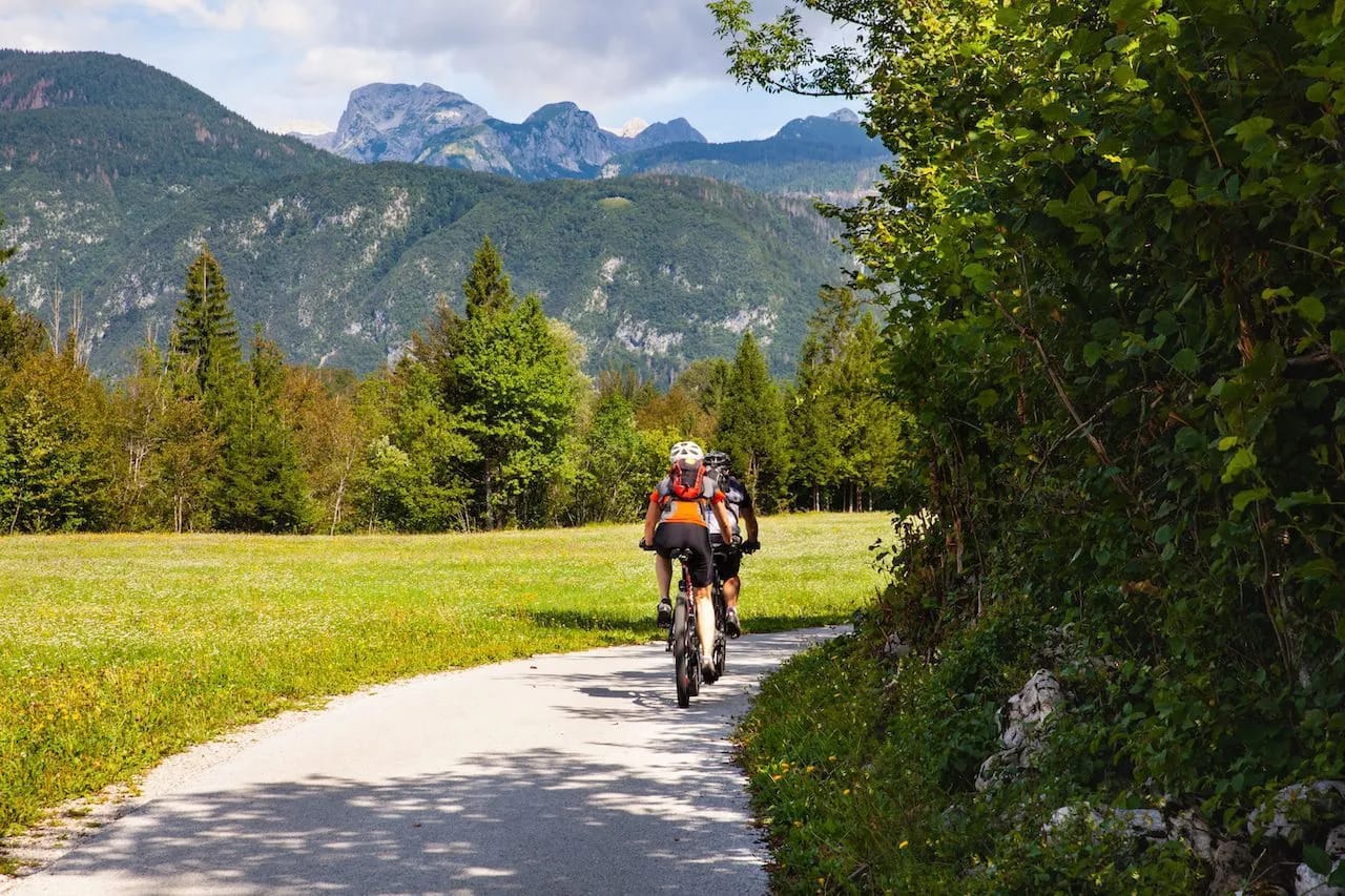 Cycling on countryside track in Bohinj