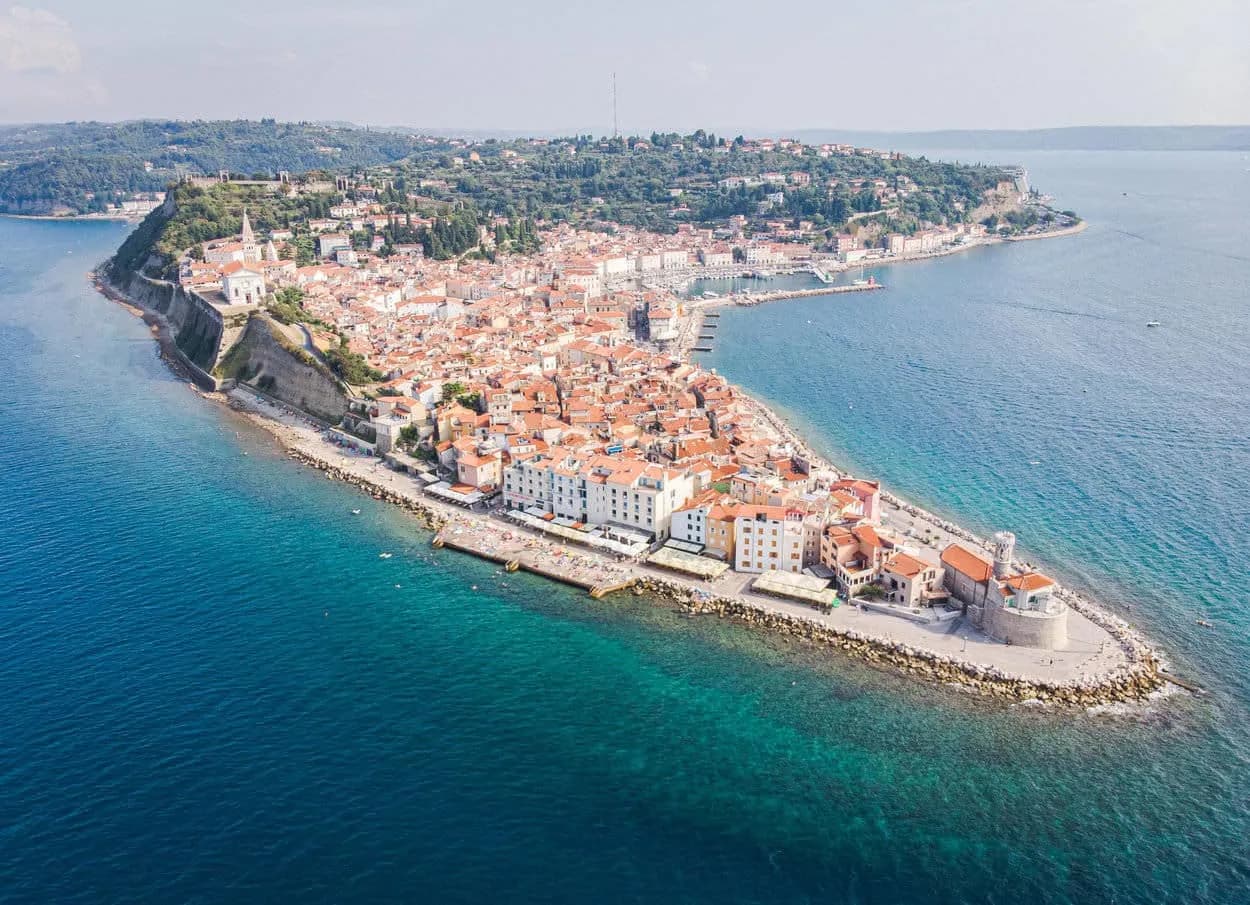 Arial view of slovenian coast and piran peninsula
