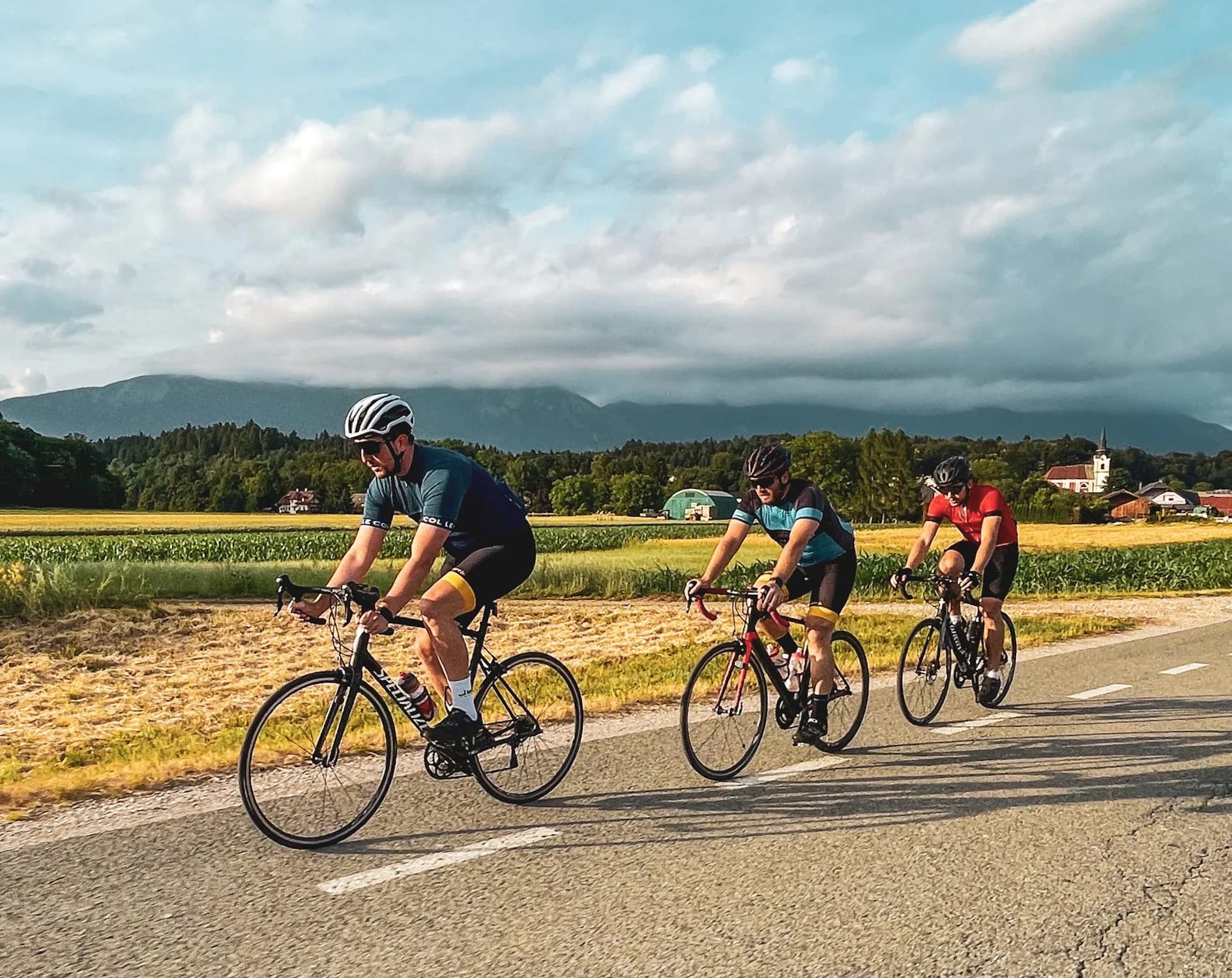 Three cyclists ride road bikes on asphalt road past yellow fields toward distant mountains.