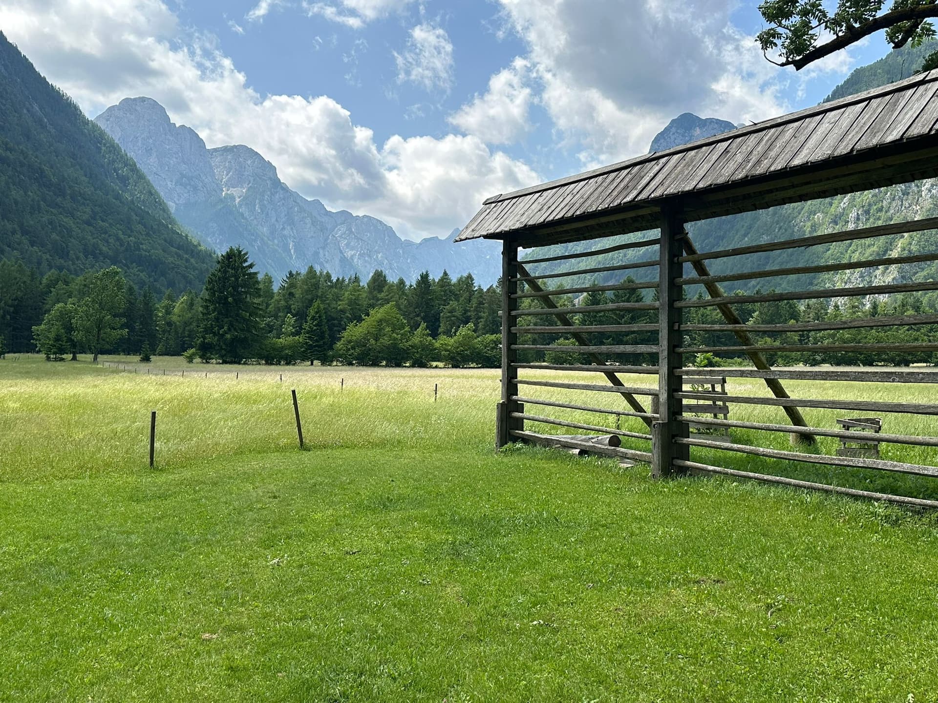 Wooden hayrack in grassy field with forested mountains under cloudy blue sky in Slovenia
