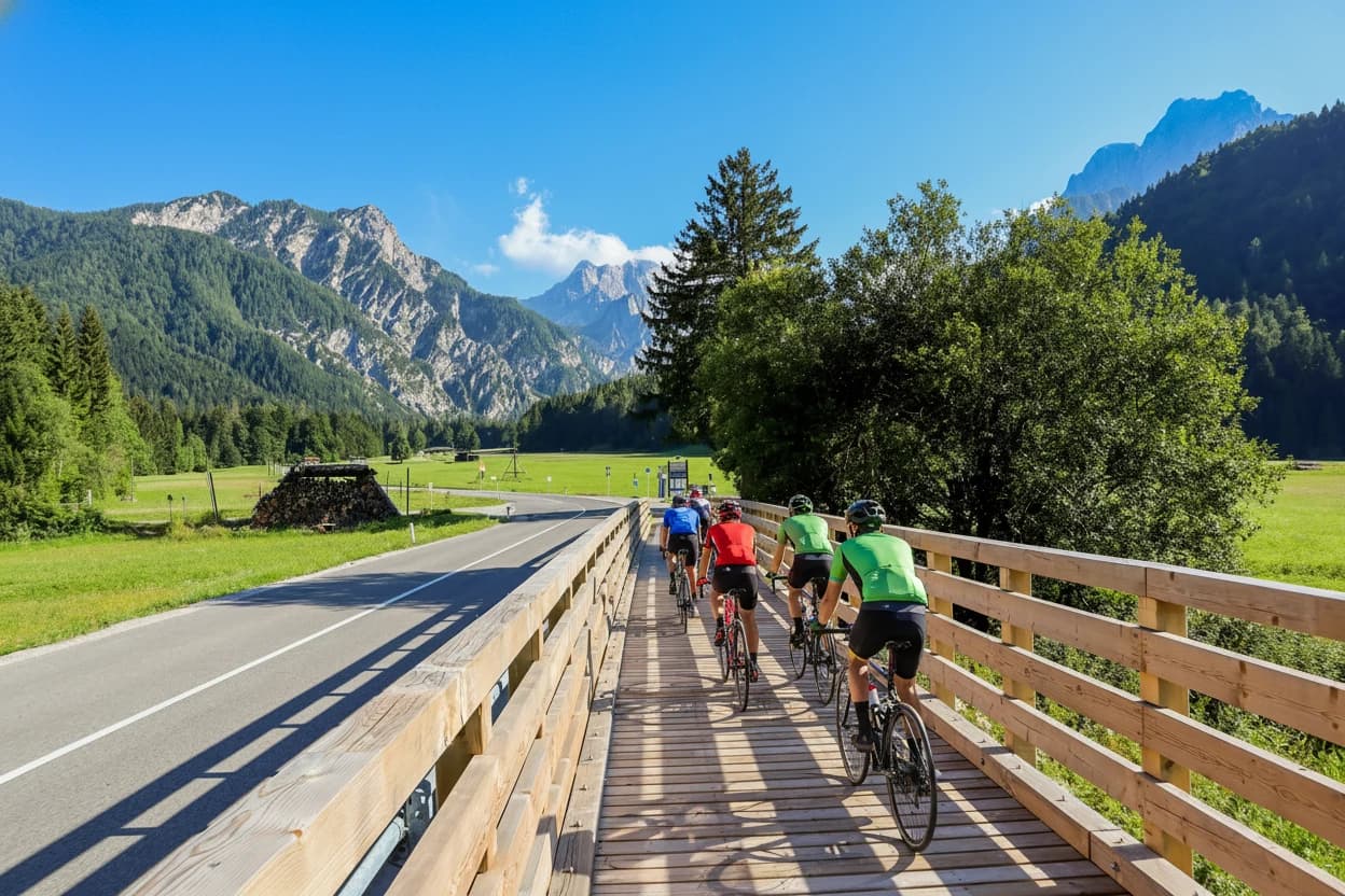 Sunny road on the way to mountains in Slovenia with blue sky background