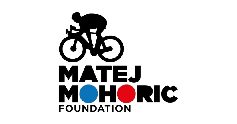 Matej Mohoric Foundation logo featuring a black silhouette of a cyclist above the text with blue and red circular dots.