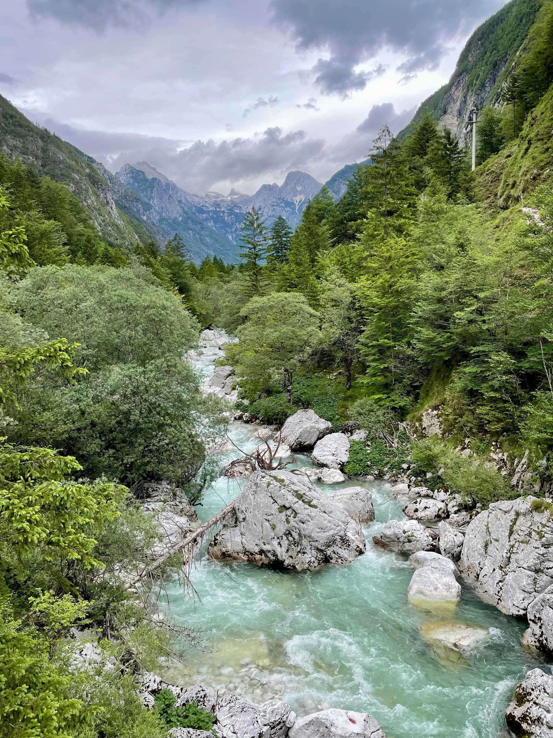 Soca River flowing over white boulders through a mountain valley and forest under cloudy skies