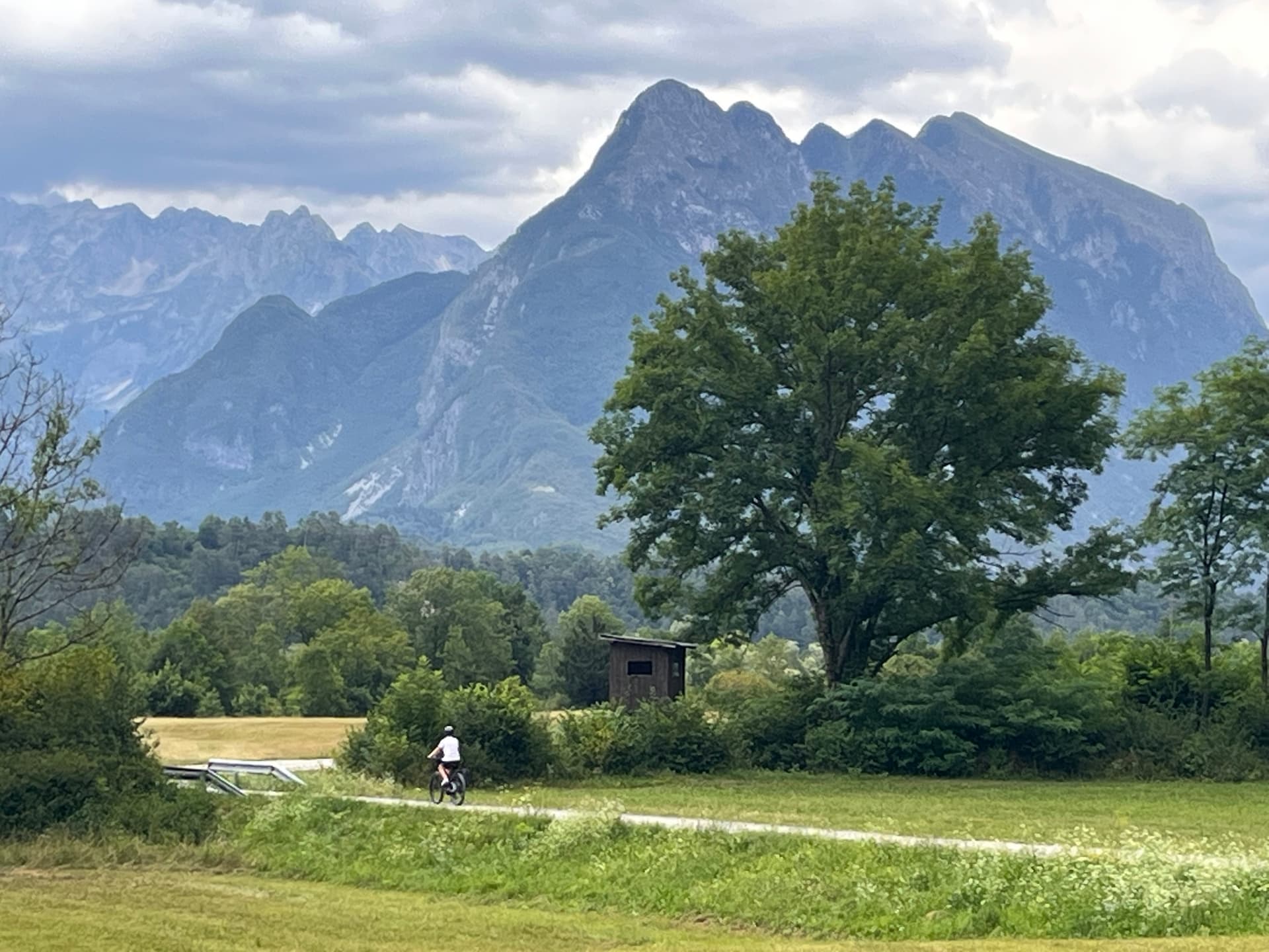 Cyclist on a paved path below alpine mountain peaks in Bovec