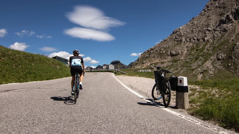 Woman Climbing Pordoi Pass Sella Ronda